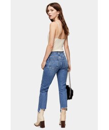 Topshop Mid Blue Ripped Hem Straight Jeans