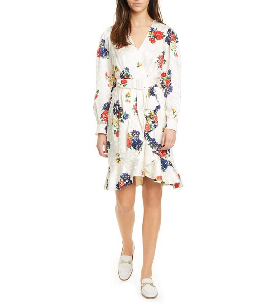 TORY BURCH(トリーバーチ)の「Tory Burch Floral Print Long Sleeve Silk Wrap Dress(ワンピース・レディース・White・0/2/8/4/10/00/6/12/14)」の1枚目の写真