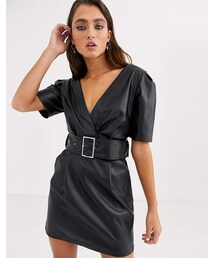 Bershka belted faux leather belted dress in black
