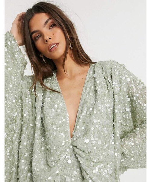 エイソス (ASOS EDITION) レディース ワンピース ワンピース・ドレス Asos Edition Long Sleeve Scoop Neck Knitted Maxi Dress In Charcoal (チャコール) asos（エイソス）の「Asos Edition ASOS EDITION kimono sleeve drape