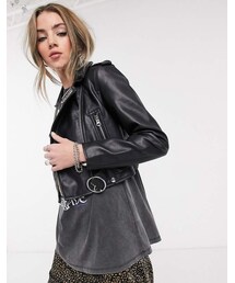 Bershka cropped faux leather biker jacket in black