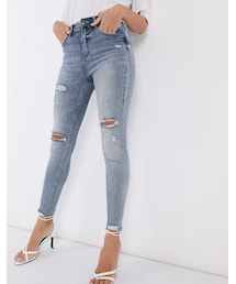 stradivarius | Stradivarius high waist skinny jeans with rips in medium wash(デニムパンツ)