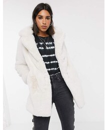 Bershka faux fur longline coat in ecru