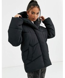 Bershka longline puffer coat with hood in black