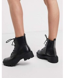Bershka lace front chunky boots in black