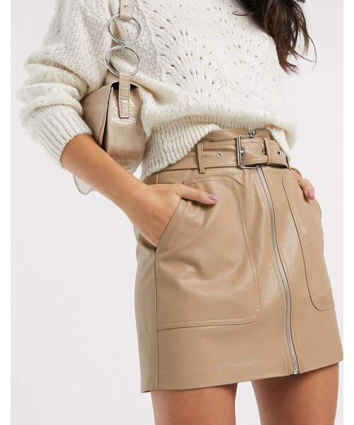 stradivarius（ストラディバリウス）の「Stradivarius faux leather mini skirt with belt in beige（スカート）」 WEAR