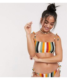 Monki recycled polyester multi stripe tie strat bikini top in off white