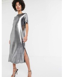 Monki foil midi t-shirt dress with side split in silver
