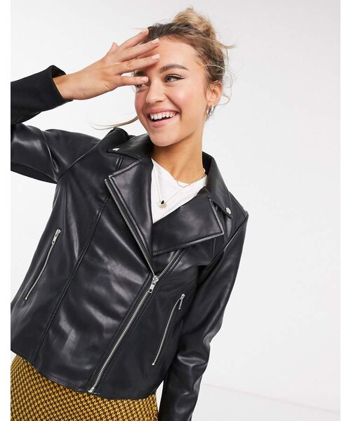 Pieces（ピーシーズ）の「Pieces leather look biker jacket in black（ライダースジャケット
