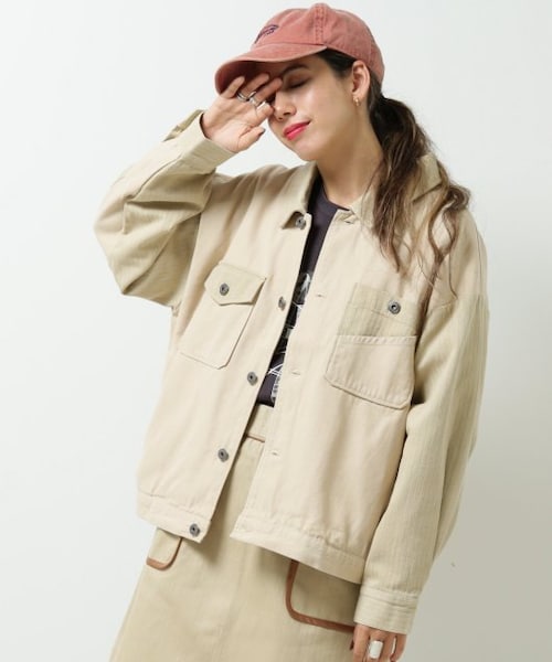 DOUBLE NAME(ダブルネーム)の「微配色異素材ブルゾン(ジャケット/アウター・レディース・ピンク/ベージュ/生成・FREE)」の2枚目の写真