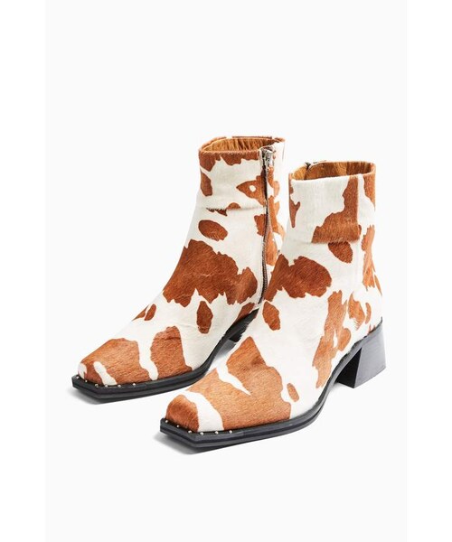 MYSTIC Cow Print Leather Square Toe Boots（ブーツ