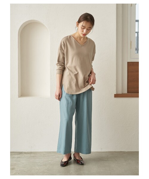 earth music&ecology（アースミュージックアンドエコロジー）の「フレンチリネンブレンドワイドパンツ（パンツ・ブラック/ダークピンク/ベージュ/キャメル/ミント/サックスブルー/グレンチェック/チェックベージュ・F）」の10枚目の写真
