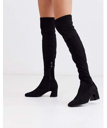 Stradivarius faux suede flared heel over the knee boots in black