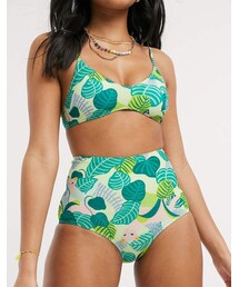 Monki recycled polyester tropical print highwaist bikini brief in green