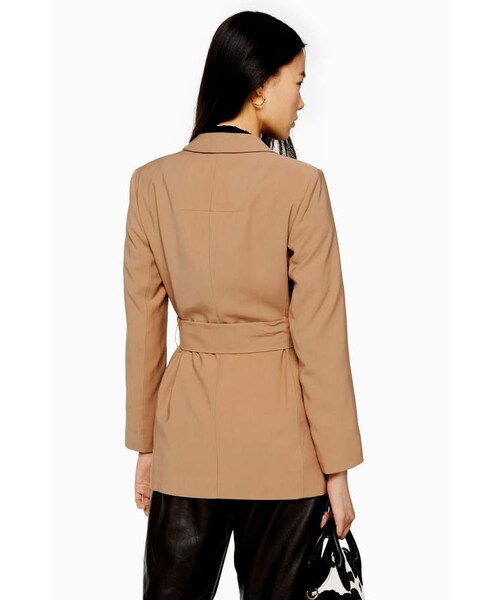 Camel Double Breasted Belted Twill Blazer