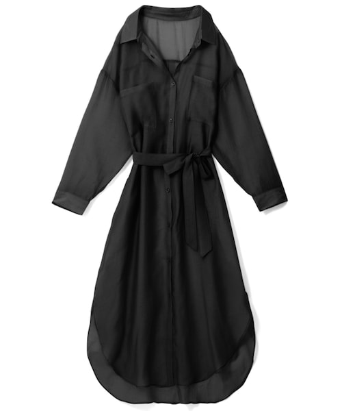 GRL（グレイル）の「リボンベルト付きシアーロングシャツ（シャツ/ブラウス・レディース・ベージュ/ブラック/オフホワイト/グリーン/モカ/グレージュ・F）」の3枚目の写真