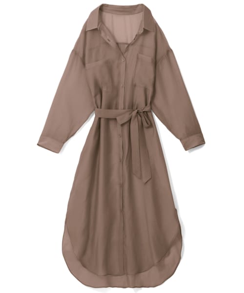 GRL（グレイル）の「リボンベルト付きシアーロングシャツ（シャツ/ブラウス・レディース・ベージュ/ブラック/オフホワイト/グリーン/モカ/グレージュ・F）」の4枚目の写真