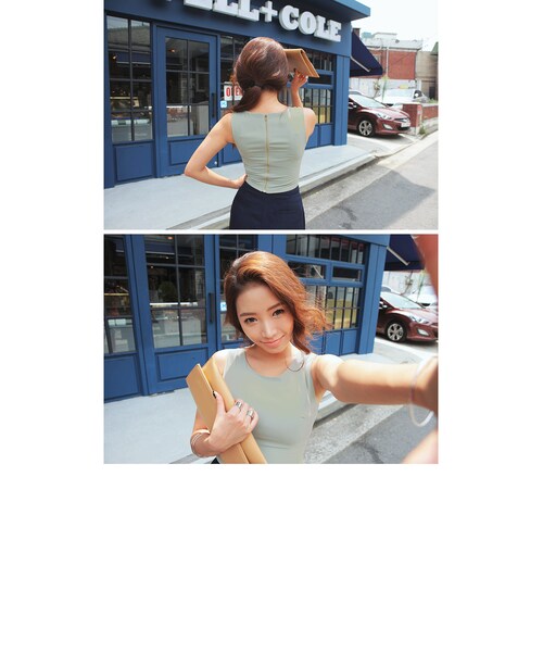 STYLENANDA(スタイルナンダ)の「後ジッパーノースリーブスリムクロップドトップス(トップス・レディース・ホワイト/カーキ/ブラック・フリーサイズ)」の9枚目の写真