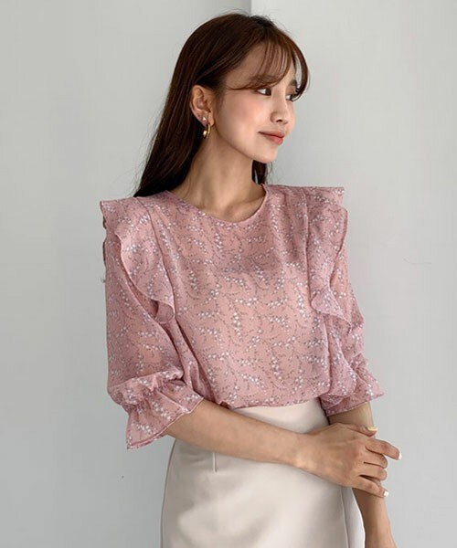 DHOLIC（ディーホリック）の「フリルフローラルブラウス（シャツ/ブラウス・レディース・ブラック/ピンク/ホワイト/ブルー・FREE）」の4枚目の写真