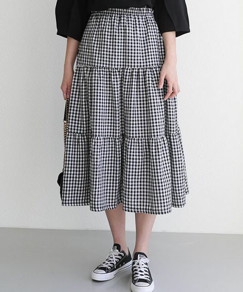 DHOLIC(ディーホリック)の「ギャザーギンガムチェックスカート(スカート・レディース・ブラック・FREE)」の1枚目の写真