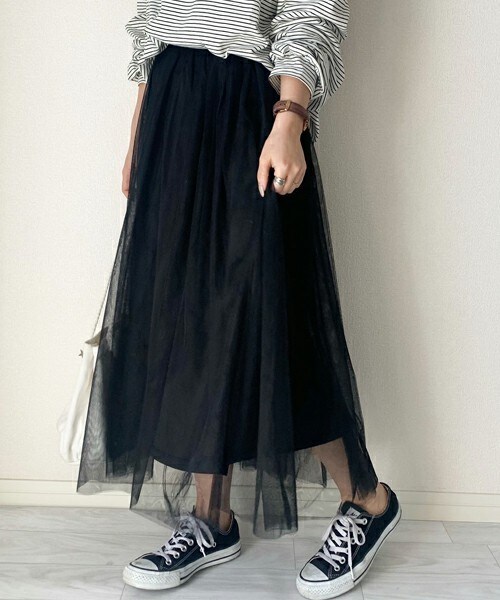 chocomee（チョコミー）の「チュールスカート（スカート・レディース・ベージュ/ブラック・FREE）」の2枚目の写真