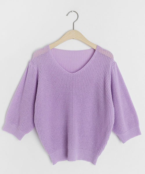 DHOLIC（ディーホリック）の「Vネックハーフスリーブニット（ニット/セーター・レディース・ピンク/ブラウン/ベージュ/イエロー/ブルー/パープル・FREE）」の5枚目の写真