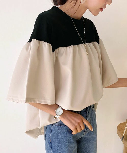 DHOLIC(ディーホリック)の「コントラストフレアブラウス(シャツ/ブラウス・レディース・ベージュ/ホワイト/ブルー・FREE)」の1枚目の写真