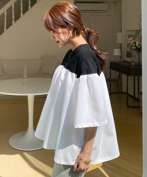 DHOLIC(ディーホリック)の「コントラストフレアブラウス(シャツ/ブラウス・レディース・ベージュ/ホワイト/ブルー・FREE)」の2枚目の写真