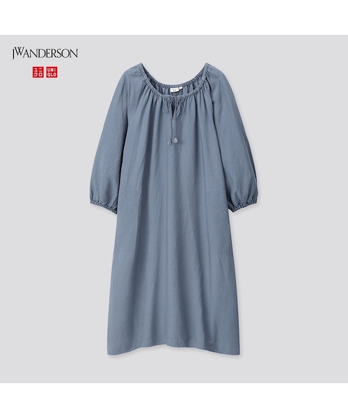 UNIQLO（ユニクロ）の「リネンブレンドギャザーワンピース（7分袖）（ワンピース・レディース・BEIGE 31/BLACK 09/BLUE 67・M/XXL/S/XS/L/XL）」の3枚目の写真