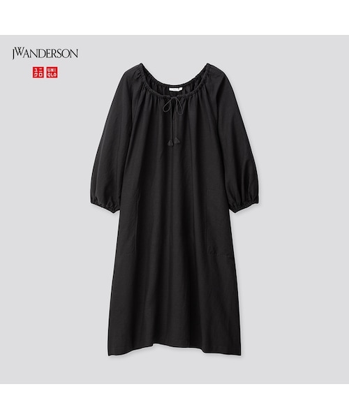 UNIQLO（ユニクロ）の「リネンブレンドギャザーワンピース（7分袖）（ワンピース・レディース・BEIGE 31/BLACK 09/BLUE 67・M/XXL/S/XS/L/XL）」の2枚目の写真