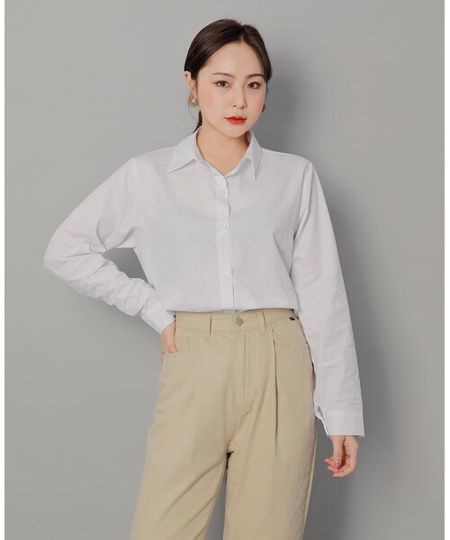 HOTPING（ホッピン）の「ベーシックコットンルーズシャツ（シャツ/ブラウス・レディース・Green/White/Yellow・XS-S/M-L/XL-2XL）」の2枚目の写真