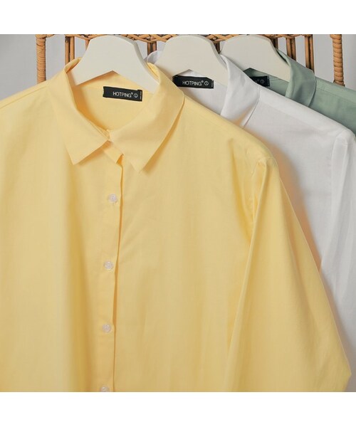 HOTPING（ホッピン）の「ベーシックコットンルーズシャツ（シャツ/ブラウス・レディース・Green/White/Yellow・XS-S/M-L/XL-2XL）」の3枚目の写真