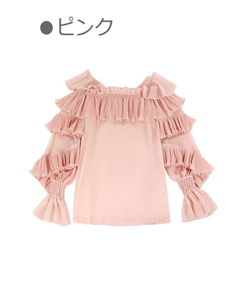 Bobon21（ボボンニジュウイチ）の「レイヤードフリルオフショルチュニック-全２色-（シャツ/ブラウス・レディース・ホワイト/ピンク・S/M/L）」の2枚目の写真