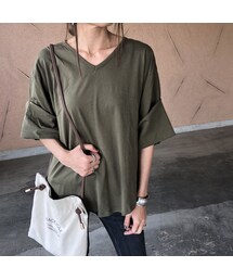 copine | 再入荷！ゆるっと大人可愛い！袖ロールアップVネックTシャツ (3color)【クリックポスト対象商品】(Tシャツ/カットソー)