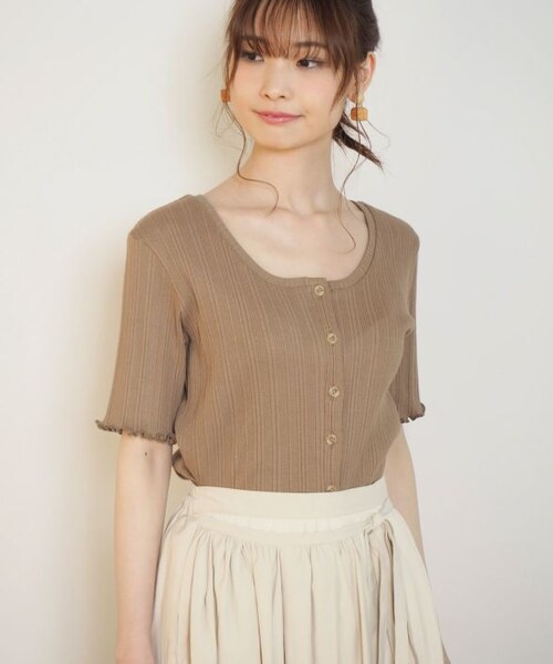 Crisp（クリスプ）の「フロントボタンリブTシャツ[c1ak2650]（Tシャツ/カットソー・レディース・パープル/アイボリー/ブラウン・FREE）」の3枚目の写真