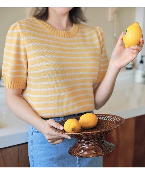 HOTPING(ホッピン)の「ラウンドネックボーダー半袖ニット(ニット/セーター・レディース・Yellow/Blue/White・XS-S/M-L/XL-2XL)」の1枚目の写真
