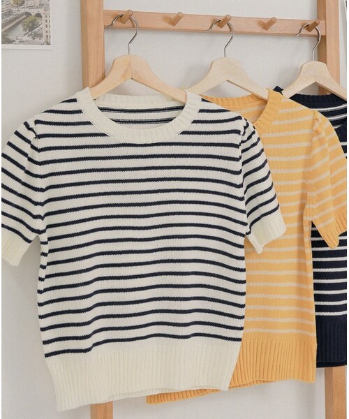HOTPING(ホッピン)の「ラウンドネックボーダー半袖ニット(ニット/セーター・レディース・Yellow/Blue/White・XS-S/M-L/XL-2XL)」の2枚目の写真
