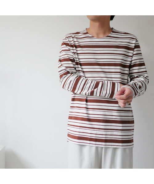 Curly（カーリー）の「CURLY カーリー |BRIGHT LS BORDER TEE ｜201-34012｜WHITE/BROWN　WHITE/BLACK｜SIZE2　SIZE3（Tシャツ/カットソー・メンズ・その他）」の2枚目の写真