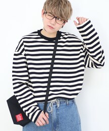 BOYSHE | MacaronクルーネックボーダーTシャツ  ブラック(Tシャツ/カットソー)