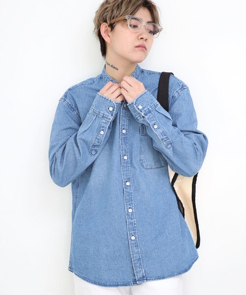 BOYSHE（ボーイシー）の「Orari チャイナカラーデニムシャツ　ブルー（シャツ/ブラウス・レディース・その他）」の4枚目の写真