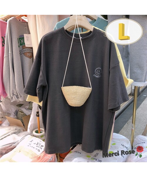 No Brand ノーブランド の ユルっと可愛い スマイル ビッグtシャツ ブラック L 大きいサイズ キャラ 半袖 K 314 ゆるかわ トップス 夏 春 韓国服 K 314 Bk L その他雑貨 Wear