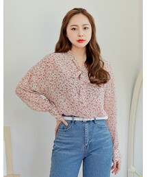 HOTPING | リボンタイVネックフラワーシフォンブラウス(シャツ/ブラウス)