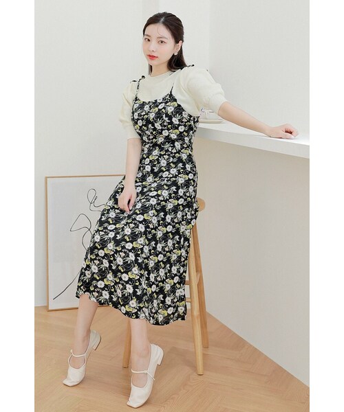 HOTPING(ホッピン)の「花柄ビスチェフレアロングワンピース(ワンピース・レディース・Black/Green・XS-S/M-L/L-XL)」の1枚目の写真
