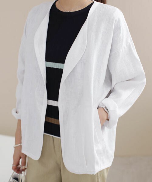 DHOLIC（ディーホリック）の「リネン混ノーカラージャケット（その他アウター・レディース・ベージュ/ホワイト/イエロー・FREE）」の2枚目の写真