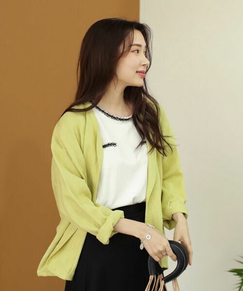 DHOLIC（ディーホリック）の「リネン混ノーカラージャケット（その他アウター・レディース・ベージュ/ホワイト/イエロー・FREE）」の3枚目の写真