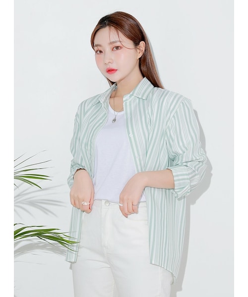 HOTPING（ホッピン）の「パステル配色ストライプシャツ（シャツ/ブラウス・レディース・Pink/Green・XS-S/M-L/XL-2XL）」の2枚目の写真