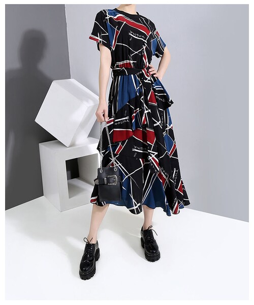 No Brand ノーブランド の ロングサッシ幾何学模様プリントドレス Da 090 ワンピース Wear