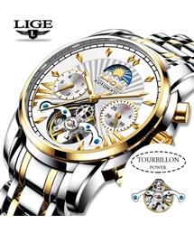 LIGE トゥールビヨン ムーンフェイズ メンズ腕時計 自動巻き 機械式 防水 発光 ルミナスハンズ ステンレスベルト 海外トップブランド 高級 選べる5色