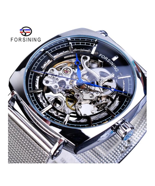 No Brand ノーブランド の Forsining 自動巻き スクエア スケルトン メンズ腕時計 機械式 ステンレスメッシュベルト 四角 海外トップブランド 選べる4色 その他 Wear