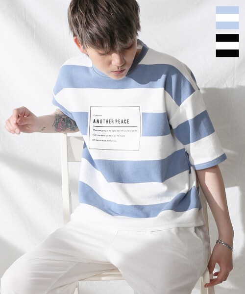 BOYSHE（ボーイシー）の「PEACE ビッグボーダー ショート丈Tシャツ【2 color】（Tシャツ/カットソー・レディース・その他）」の3枚目の写真